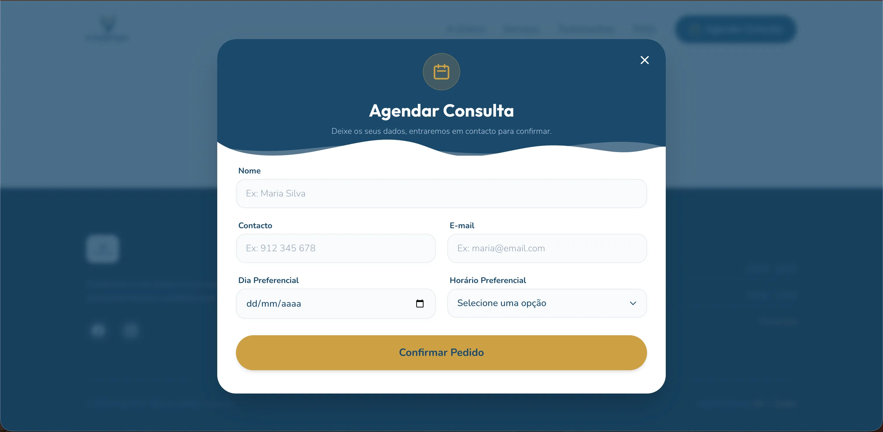 Interface do modal de agendamento de consultas